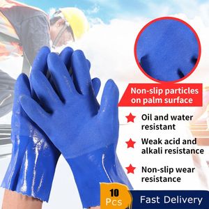 Dix paires réutilisables en PVC résistant aux produits chimiques, gants de travail imperméables et antidérapants, isolants bleus entièrement enduits 240104