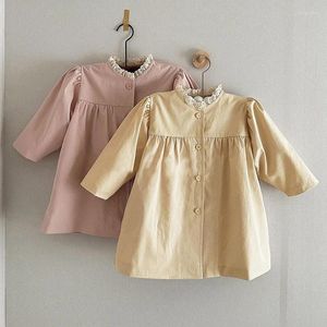 Tench manteaux Trench filles coréennes bébé automne saison manteau fleur bord col Cardigan chemise plissée poche vêtements pour enfants