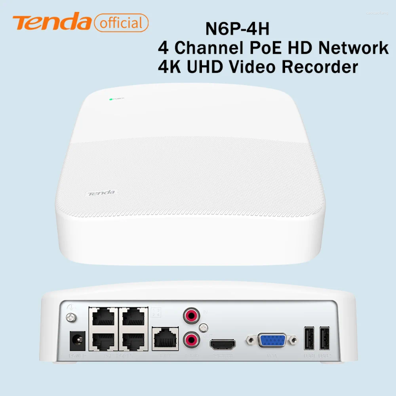 Tenda 8 canal 4 Poe 4K UHD Red Redordor de video NVR 250m H.265 Compresión de 10 TB Aplicación de capacidad