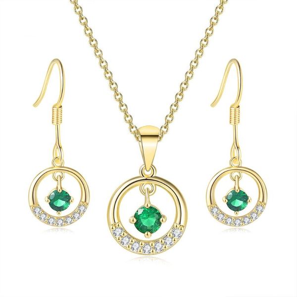 Cadenas Tengtengfit Cubic Zirconia Colgante Pendientes de collar de oro amarillo, conjuntos de joyería de moda esmeralda simulada verde