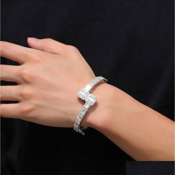 Tennis 14K Or Hommes Dames Cubique Zircone Diamant Baguette Carré Bracelet Bracelet Ouverture Taille Hiphop Bijoux Drop Delivery Bracelets Dhvyh