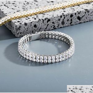 Tennis 2 rangées de tennis Bracelet 4 mm Zircon Lab Diamond Hip Hop Bijoux Collier glacé 7 pouces 8 pouces Longueur 14K Gold Silver Bangle Drop Delive Otkg6