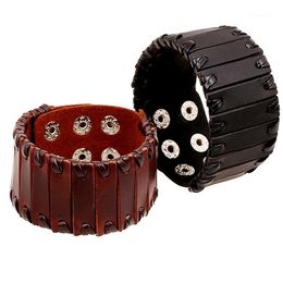 Tennis Boho Gypsy Hiphop Hippie Punk Brown Black Real Leather Lagen Bar Charm Wide Wrap Big verstelbare man Bracelet Bangle1