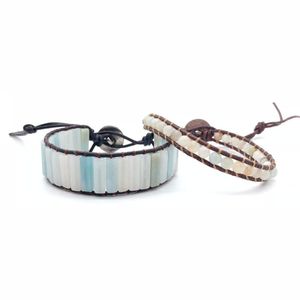 Tennisbanden Bohemia Bracelet Amazonite Single Vintage Leather Wrap Semi Precious Stone Garded Cuff Drop