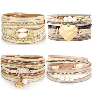 Tennis armbanden Diezi 2023 Meerlagige shell hartfolie voor vrouwen cadeau magneet gesp pu lederen Rhinestone Pearl Bangles