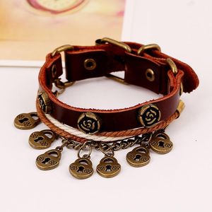 Tennisbanden Leylyl Classic Punk Series Lock Flower Vintage lederen armband Bruine koeband Mens diy decoraccessoires