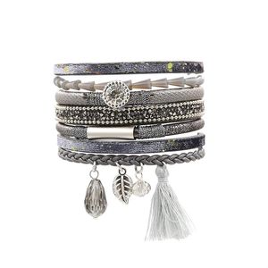 Tennisbakket Strathspey Multi-rows Rhinestone Bead Leather Lederen Bracelet Handmade Tassel Pendant Magnetische Clasp-wikkel rond polsbandje