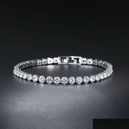 Bracelet chaîne de tennis femmes hommes bleu émeraude rose zircon cubique Hiphop Sier plaqué or bijoux diamant une rangée Hip Hop 4Mm cristal Otgor