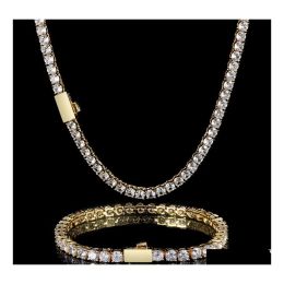 Tenis Graduado Bling Diamond Stone Collar de tenis Pulseras para hombres 18K Chapado en oro real Conjunto de joyas Collares de entrega de gota Pend Dhu1O232