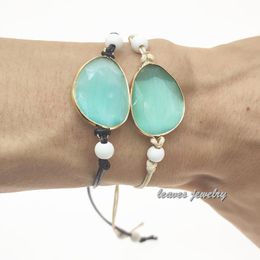 Tennis eenvoudig handgemaakt geweven groene katten oog oceaan natuurlijke vergulde steen charme vrouwen lederen armband boho wrap drop