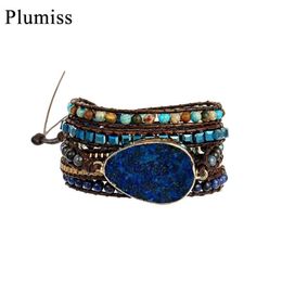 Tennis larme Lapis Lazuli cuir bracelets pour femme Boho cristal pierre naturelle Bracelet perlé avec acier inoxydable Chai265L