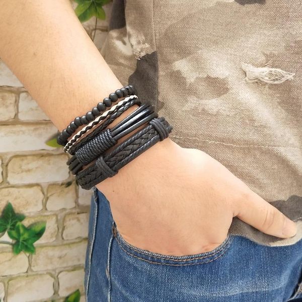 Pulseras de cuero informales Vintage para tenis, brazaletes trenzados multicapa en blanco y negro, cadena de cuerda Punk para hombre, joyería para hombre al por mayor