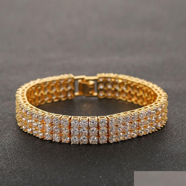 Tenis Whosale Hip Hop Cadena de 3 filas Gold Sier Cubic Zirconia Iced Out Cz Stones Pulsera Drop Entrega Joyería Pulseras Dhzid