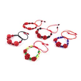 Bracelet de Tennis en Rose pour femmes, artisanat ethnique, laque sculptée, fleur de cinabre pour corde rouge perlée