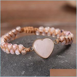 Tennis Women Tennis Rose Quartz Heart Stone Charm Proze Jasper Bead String Gevlochten Bracelet Handweven Natuurlijk verstelbare wrap Bracele Dhapg