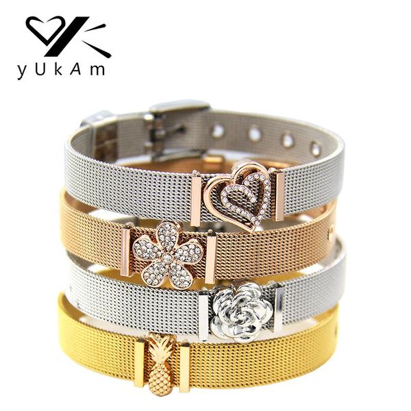 Tenis YUKAM plata rosa oro flor malla de acero inoxidable pulsera conjunto cristal amor doble corazón guardián para mujer joyería