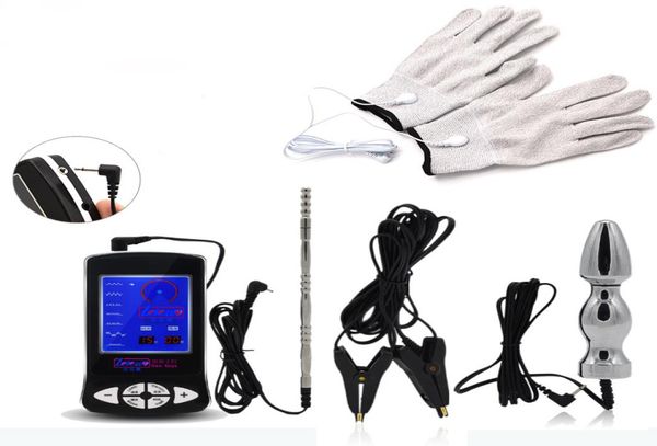 TENS Electro Sex Kit Pénis Sons urétraux Masseur d'impulsions électronique Vagin Plug Anal Estim Gants Pince électrique pour MenWomen Y2994701