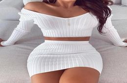 Teo Piece Set Femmes Solid Ribbed Crop Top Jupe SetS Sweat Sweet Sweet à manches longues Mini set 2 pièces TrackUist7580180