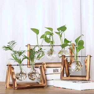 Terrarium Creatieve Hydroponic Plant Transparante Vaas Houten Frame Vaas Decoratio Glas Tafelblad Bonsai Decor Bloem 211215