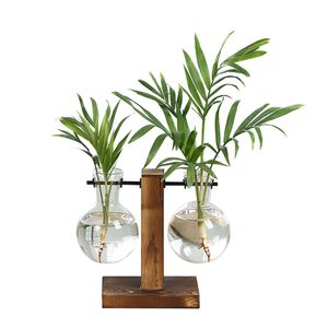 Terrarium Hydroponic Plant Vazen Vintage Bloempot Transparante Vaas Houten Frame Glas Tafelblad Planten Home Bonsai Decor P7ding T200703