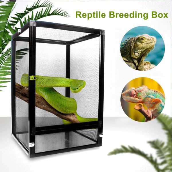 Terrariums Boîte d'élevage de reptiles Conteneur d'alimentation en alliage d'aluminium pour araignée, lézard, grenouille, grillon, tortue, conception à ouverture séparée sur le côté
