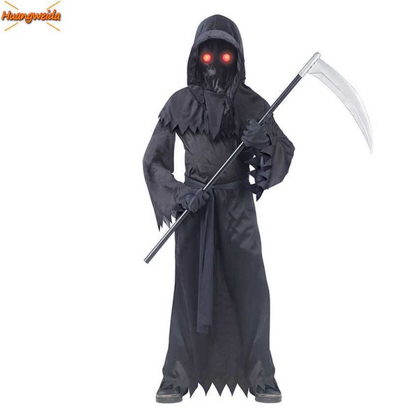 Terror Grim Reaper Disfraces Ojos luminosos Death Hook Sickle Boys Cosplay Anime Niños Disfraz de Halloween para niños Carnival Prop Q0910