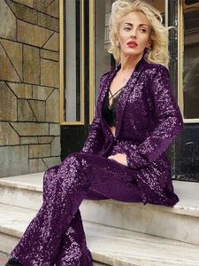 Tesco Elegant Women Blazer pailled + pantalon droit pantalon deux pièces Fashion Lady Jacket Birthday Party Suit Ropa de Mujer
