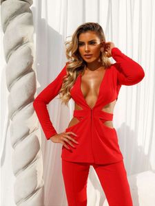 Tesco Red Sexy Women Pak Blazer en V-Neck Hollow Out Jacket Casual Wide Leg broek voor club feestvakantie blazer Mujer