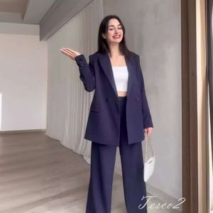 Tesco Sky Blue Casual Suit Blazer Vrouwen Rapel Kraagjas Wijd been broek voor Spring Summer Thin Office Pant Sets 2024