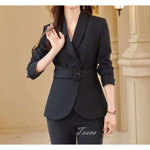 Tesco Femmes Elegant Suit 2 Pieds Blazer solide avec ceinture + pantalon crayon Veste formelle pour les tenues de fosse de lady Slim Office
