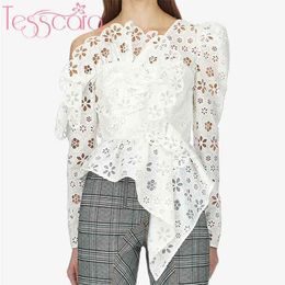 Tesscara mujeres pista de lujo bordado blusa camisa de alta calidad diseñador blanco algodón encaje top manga larga fiesta camisas 210401