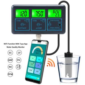 Testen 7in1 waterkwaliteitstester PH/ORP/EC/PPM/CF/vochtigheids-/temperatuurmeter voor wateraquarium APP Digitale slimme watertestermonitor