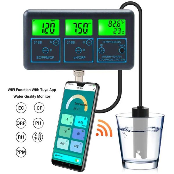 Prueba 7 en 1 Probador de Calidad del Agua PH/ORP/EC/PPM/CF/medidor de humedad/temperatura para acuario de agua APP Monitor Digital inteligente de prueba de agua