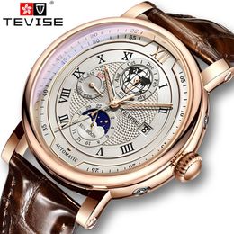 TEVISE Business étanche hommes montres mécaniques haut de gamme montre en cuir de luxe pour hommes Phase de lune montre-bracelet automatique 231228