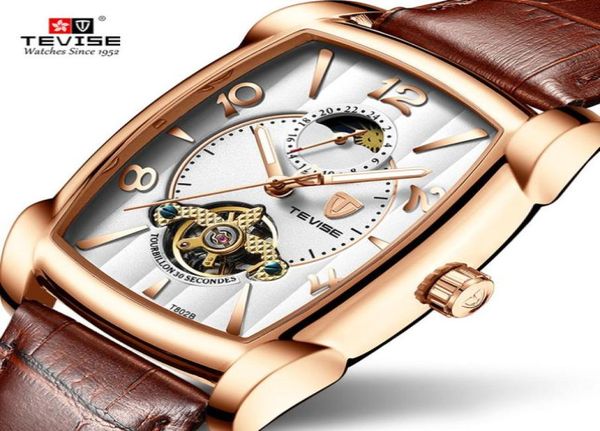 Tevise Fashion Mens Watches MOON FASE TOURBILLON Mechanical Men de cuero Reloj Masculino9762074 Masculino9762074