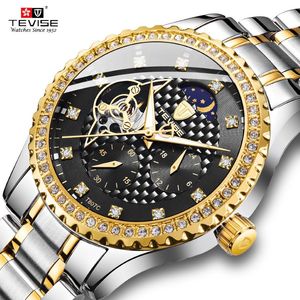 Tevise Luxury Men Stailness Steel Band Automatic Watch Fashion Men Moon Fase Diamond Luminous Mechanical Clock227e