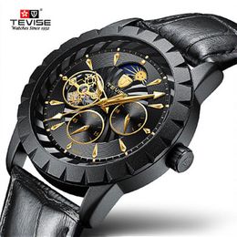 Tevise Luxury Men Watch Automatic Mechanical Watch Strap en cuir Moon Phase Tourbillon Lumineuse Wristwatch Relogio Masculino 267Q
