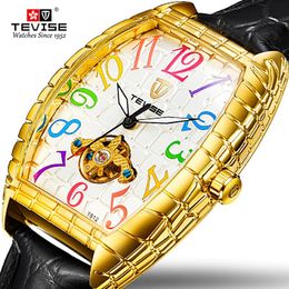 Tevise Men Square Dial Design Automatic Watch Leather Strap mécanical tourbillon sport Military Clock 294E