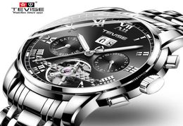 Tevise Mens Automatic Watches Luxury Inneildless Steel Tourbillon Moon Phase mécanique Montre Monde Malou