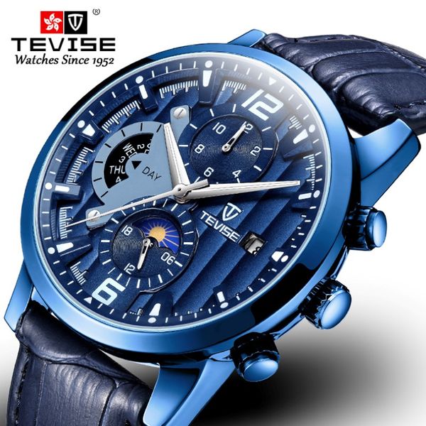 Tevise New Fashion Men Automatic Watch Store de cuero Relojes de deporte impermeable Luxuxry Moon Date Mechanical Wallwatch 251K