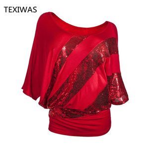 Texiwas Dames Plus Size Glitter Blouse Off Shoulder Batwing Shirts Sequined Tops Vrouwelijke Tuniek Shirt Losse Streetwear Y19050501