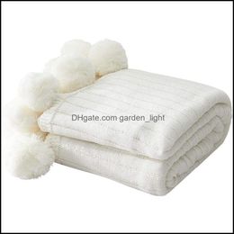 Textiles Home Gardenthrow Manta para sofá, Punto de pompón blanco con pompones, Fuzzy, Fluffy, Suave, Acogedor, Mantas de punto cálidas Entrega de entrega 2021 2H