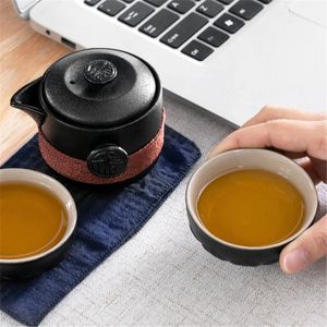 Texture poterie noire 1 théière 2 tasses à thé ensembles de thé chinois voyage tasses à café portables Pot KungFu ensemble de thé récipient à café 240124
