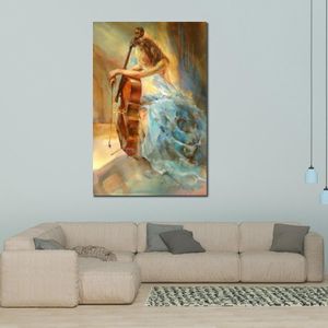 Getextureerde canvas kunst figuratief olieverfschilderij meisje met cello handgeschilderde moderne elegantie muziek kunstwerk uniek voor portiek decor