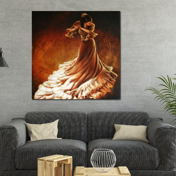 Arte de lienzo texturizado Pintura al óleo figurativa Bailarines de flamenco Oro Pintado a mano Elegancia moderna Obra de arte Decoración única para entrada