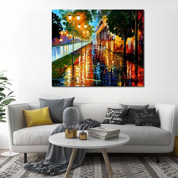 Pintura al óleo hecha a mano con textura, paisajes urbanos, arte en lienzo antes del amanecer, decoración moderna para el comedor