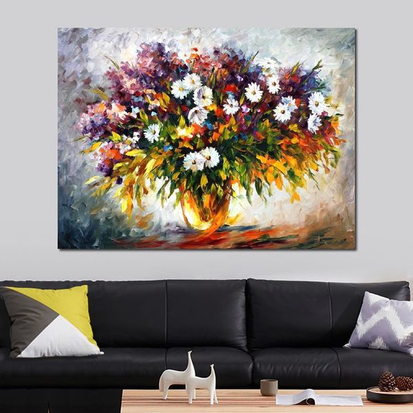 Pintura al óleo hecha a mano con textura Paisajes urbanos Lienzo Arte Lila y Camomiles Flores modernas Comedor Decoración