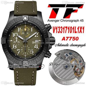 TF Night Mission 45 ETA A7750 Automatische Chronograph Mens Horloge Pvd Steel Green Dial White Number Markers Nylon Strap V13317101L1X1 Stopwatch Horloges Puretime E5