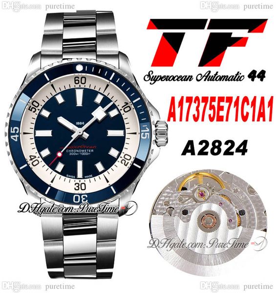 TF Superocean 44 ETA A2824 Reloj automático para hombre A17376A31L1A1 Bisel de cerámica Azul Blanco Dial Stick Pulsera de acero inoxidable Relojes Super Edition Puretime B2