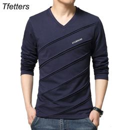 TFETTERS marque t-shirt hommes sergé conception VCollar à manches longues t-shirt grande taille t-shirt mince couverture en coton t-shirts Camisetas mâle 240227